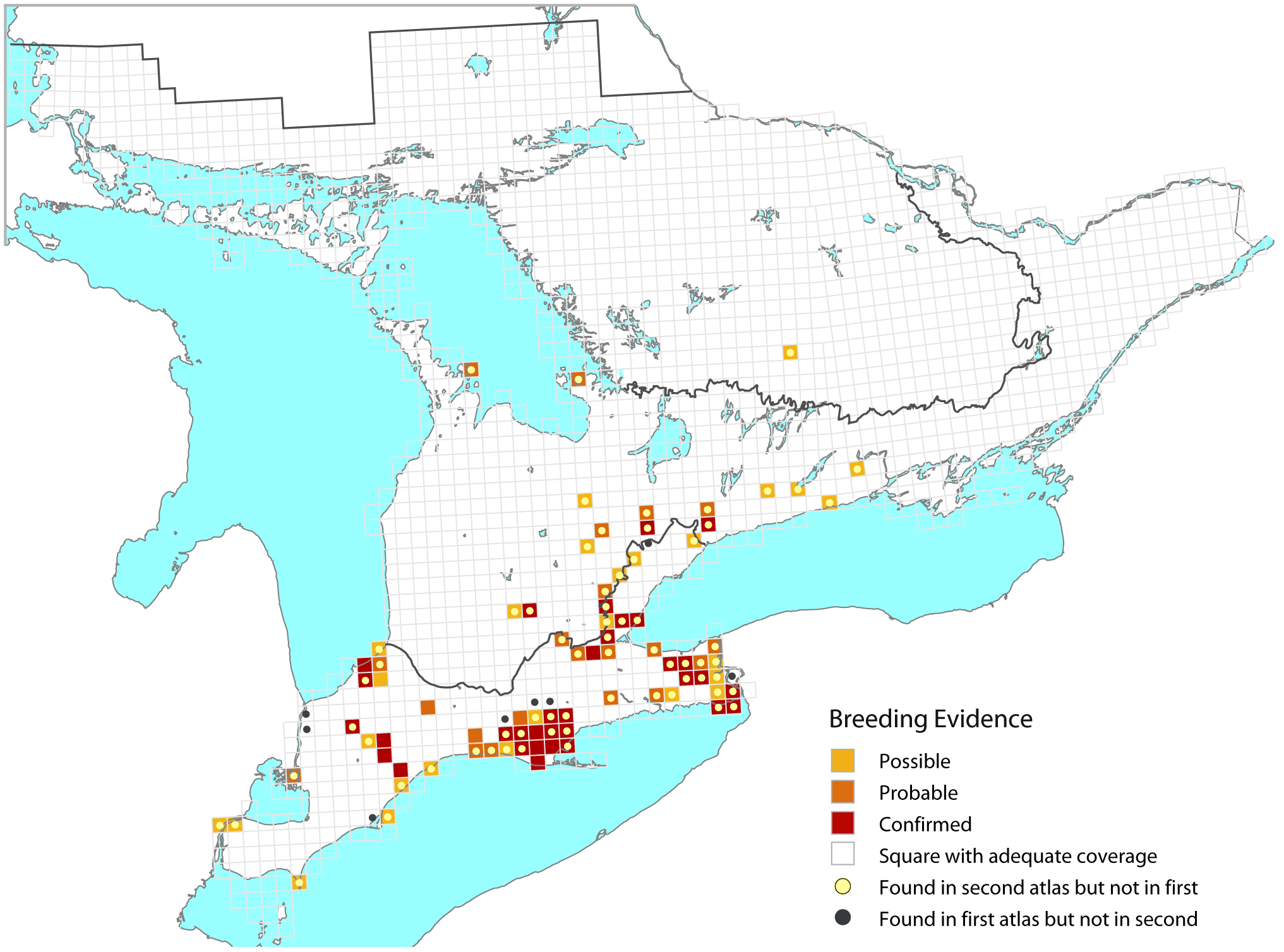 Figure 4. Distribution of the Hooded Warbler in Ontario during the first (1981–1985) and second (2001–2005) Ontario Breeding Bird Atlas.