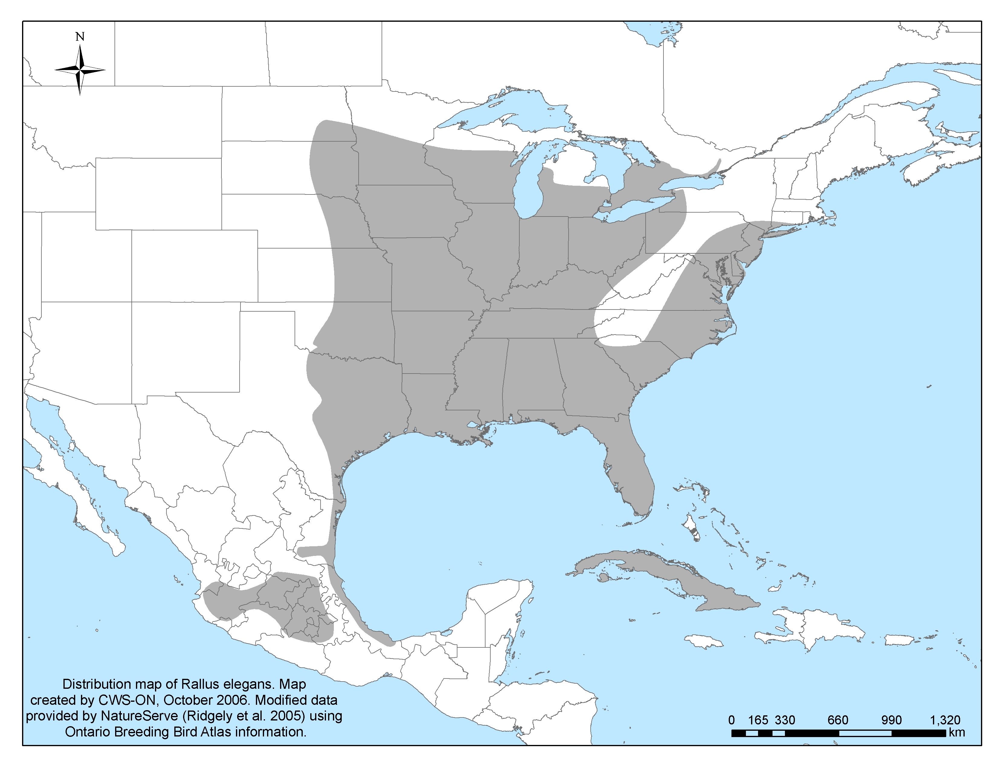 Map of the global distribution of the King Rail. The King Rail is found from the Gulf Coast to southern Ontario, and from the Atlantic Coast to about the 100th meridian in the Great Plains. It is also found in Cuba and the interior of Mexico. Data was provided to create this map by NatureServe in collaboration with Robert Ridgely, James Zook, The Nature Conservancy - Migratory Bird Program, Conservation International – Centre for Applied BiodiversityScience, World Wildlife Fund – U.S., and Environment Canada – WILDSPACE.