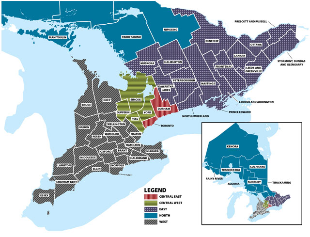 Map of Ontario’s Ministry of Labour Enforcement Regions depicts Central East region as orange, Central West as green, East as purple, North as blue and West as grey.