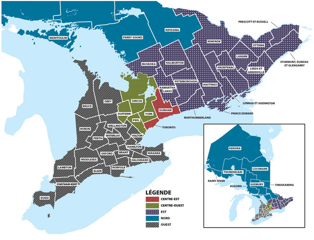 Carte des régions d’application de la loi du ministère de l’Ontario indiquant la région Centre-Est en orange, le Centre-Ouest en vert, l’Est en violet, le Nord en bleu et l’Ouest en gris. 