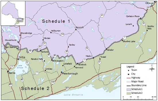 Cette carte montre les limites d’est en ouest, s’étendant de la baie Georgienne à Ottawa.