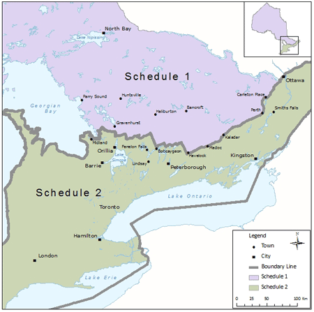 Cette carte montre les limites d’est en ouest, s’étendant de la baie Georgienne à Ottawa dans le contexte de la province de l’Ontario, y compris les lacs Érié et Ontario ainsi que la baie Georgienne.