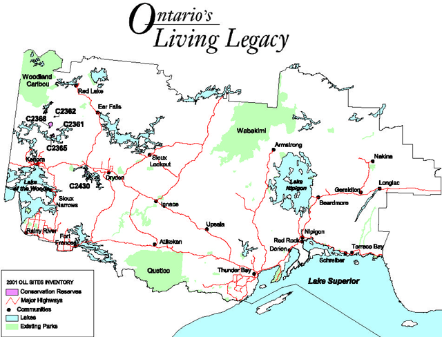 map of the regional setting of the Scotty Lake Conservation Reserve. The map features 2001 Ontario’s Living Legacy sites inventory including conservation reserves, which are represented in pink, major highways are represented by red lines, communities are represented by black circles, lakes are represented in blue, and existing parked are represented in green.