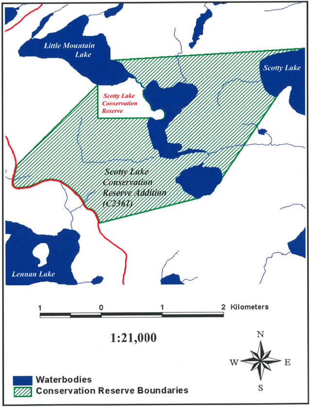 map of the Scotty Lake Conservation Reserve (and addition) boundaries. Waterbodies are represented in blue and Conservation Reserve boundaries are represented in green areas with diagonal crosslines.