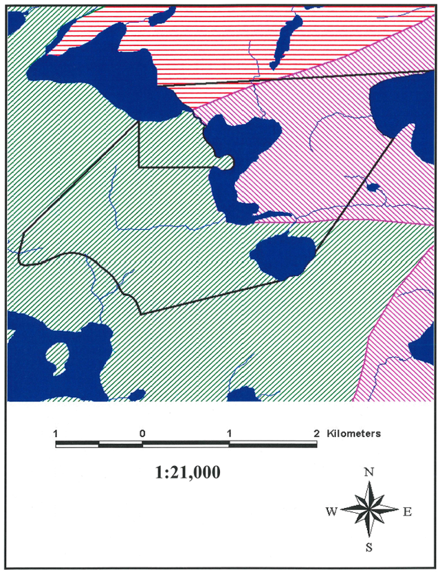 map depicting three bear management areas that overlap Scotty Lake Conservation Reserve. The map range is 1:21,000 kilometres.