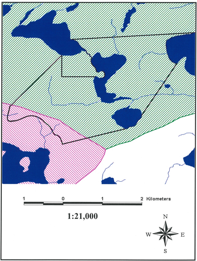 Map depicting two trapline areas that overlap Scotty Lake Conservation Reserve. The map range is 1:21,000 kilometres.