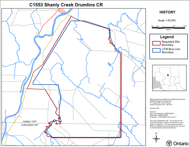 map of the Shanly Creek Drumlins Conservation Reserve history. Red outlined areas represent the regulated site boundary and blue outlined areas represent the Universal Transverse Mercator blue line boundary.