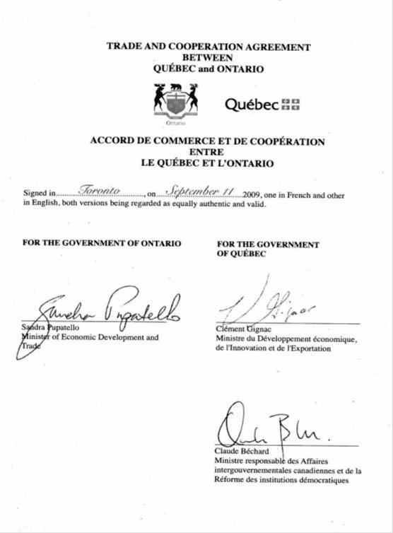 Ministerial Signature Sheet for the Trade and Cooperation agreement between Québec and Ontario. Signatures of Sandra Pupatelo, Minister of Economic Development and Trade, Clément Gignac, Minister of Economic Development and Export and Claude Béchard, Minister of Canadian Intergovernmental Affairs