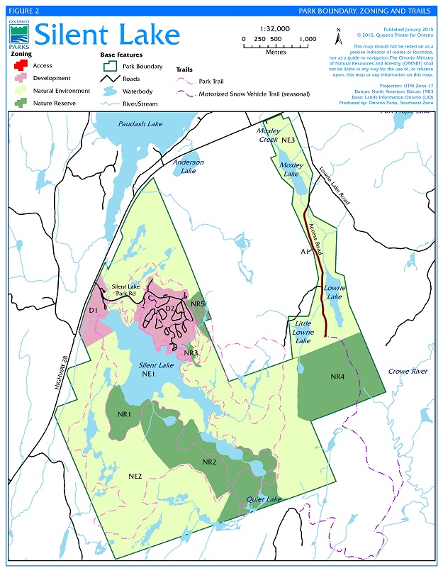 A map of Silent Lake Provincial Park’s boundary, zoning and trails