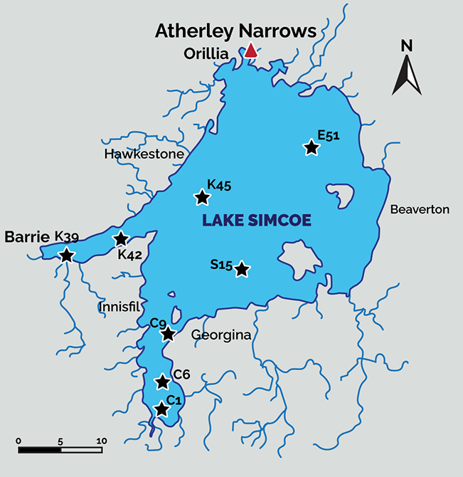 This map identifies locations of water quality monitoring stations used in this report. There are eight lake stations: C1, C6 and C9 in Cook's Bay at the south end; K39 and K42 in Kempenfelt Bay on the west; and S15, K45 and E51 in the main basin. Atherley Narrows station is in the outflow to the north.