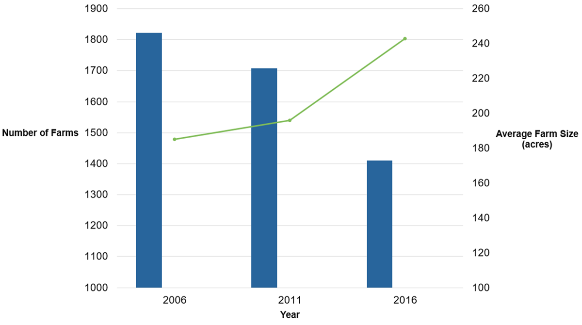 This figure consists of a bar graph overlaid with a line graph. The bar graph shows a steady decrease in the number of farms in the Lake Simcoe watershed from 1,817 farms in 2006, to 1,705 farms in 2011, and then to 1,408 farms in 2016. Overlaid on the bar chart is a line graph showing a steady increase in the average size of farms: 183 acres in 2006, 195 acres in 2011 and 241 acres in 2016. Data adapted from StatsCan Census of Agriculture 2006, 2011 and 2016 reports.
