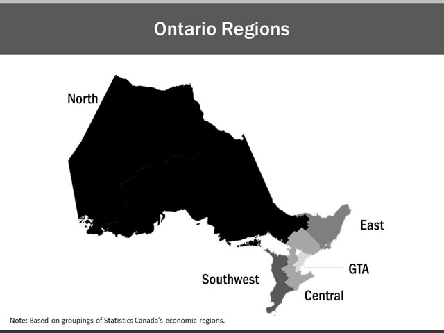 The map shows Ontario’s five regions: Northern Ontario, Eastern Ontario, Southwestern Ontario, Central Ontario and the Greater Toronto Area. This map is based on groupings of Statistics Canada’s economic regions.