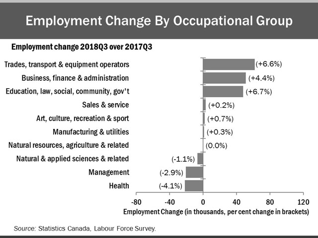 The horizontal bar chart shows a year-over-year (between the third quarters of 2017 and 2018) change in Ontario’s employment by broad occupational group. Six occupational groups experienced employment gains. Trades, transport, equipment operators and related occupations had the biggest employment gain (+6.6%), followed by business, finance and administration occupations (+4.4%), and occupations in education, law, social, community and government services (+6.7%). Employment in three occupational categories decreased. Health occupations experienced the biggest decline (-4.1%), followed by management occupations (-2.9%) and natural and applied sciences and related occupations (-1.1%). Natural resources, agriculture and related occupations saw neither employment gains nor declines.