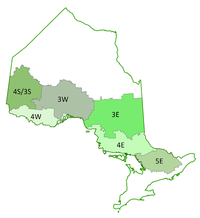 Map of Ontario showing the location of the six Landscape Guide Regions.