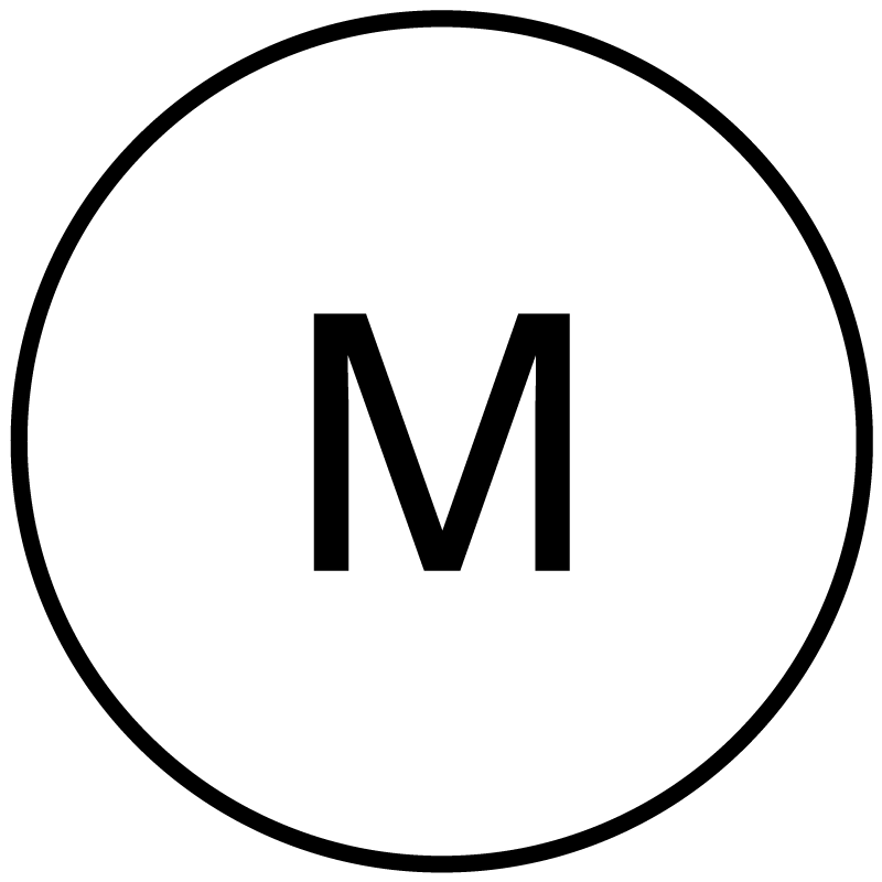 The symbol used for a Marine Base. A black circle on white background with a black lettered ‘M’ in it.