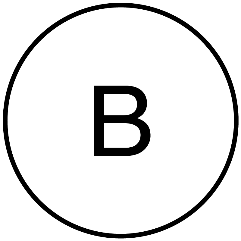 The symbol used for a Base. A black circle on white background with a black lettered ‘B’ in it.