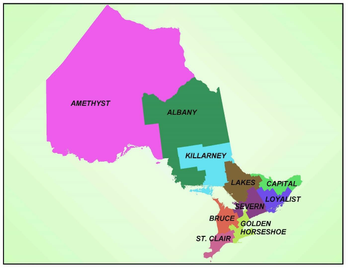 figure- showing the 10 Emergency Management Ontario Sectors. The 10 sectors are: Amethyst, Albany, Killarney, Lakes, Capital, Loyalist, Severn, Bruce, Golden Horseshoe and St. Clair