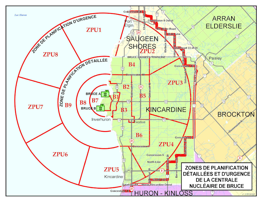 Carte des zones de planification détaillée et d'urgence de la centrale nucléaire de Bruce