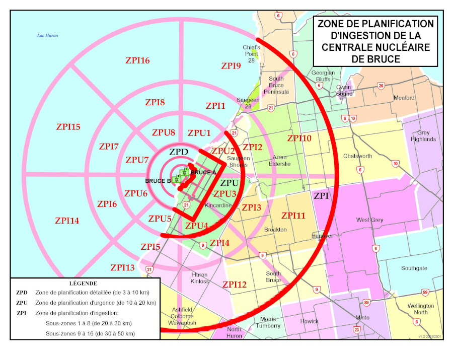 Carte de la zone de planification d'ingestion de la centrale nucléaire de Bruce