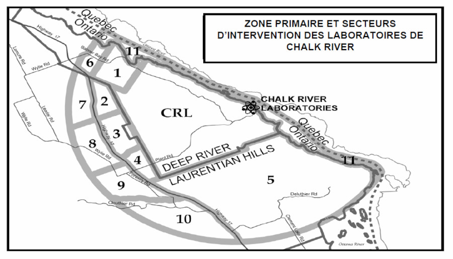 Carte de la zone primaire et secteurs d'intervention des Laboratoires de Chalk River