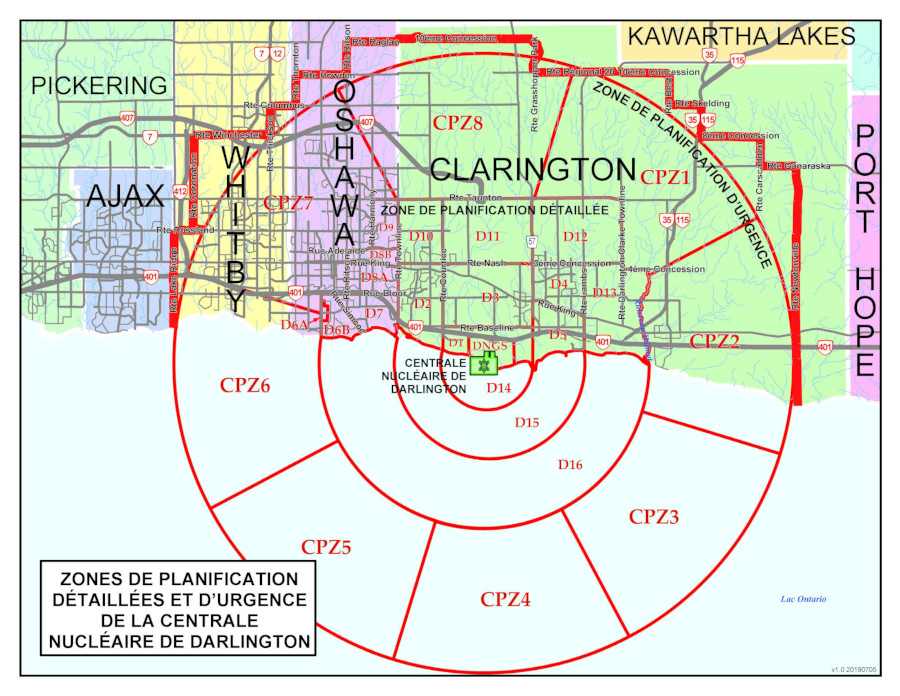 Carte des zones de planification détaillée et d'urgence de la centrale nucléaire de Darlington