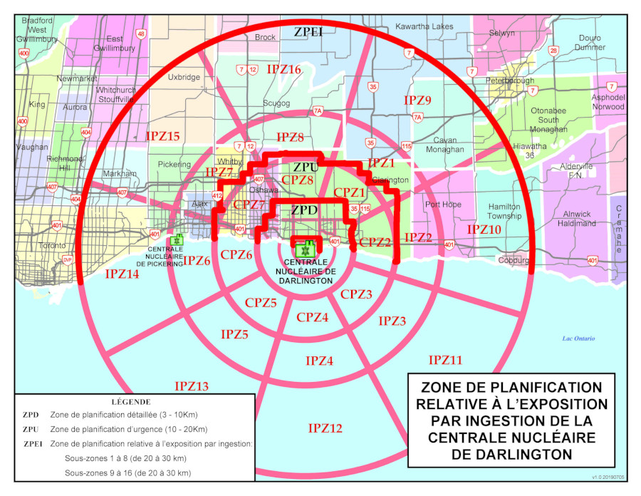 Carte de la zone de planification relative à l'exposition par ingestion de la centrale nucléaire de Darlington