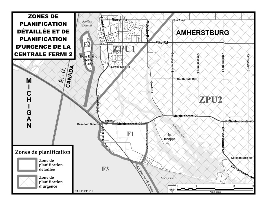 Carte de la zone de planification détaillée et de la zone de planification d'urgence de la centrale Fermi 2.