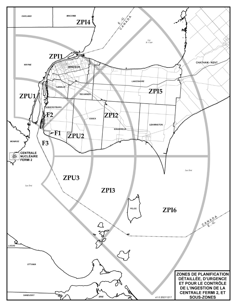Carte des zones et sous-zones de planification détaillée, de planification d'urgence et pour le contrôle de l'ingestion de la centrale Fermi 2.