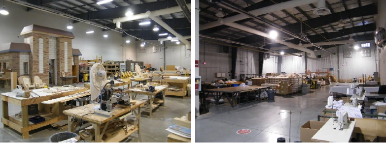 From left to right: inmate carpentry workshop for skills and trades training at CNCC with access to power tools; Trilcor Industries’  knitting and weaving workshop for inmate vocational training related to fabrics and textiles, with access to sewing machines and large tables.