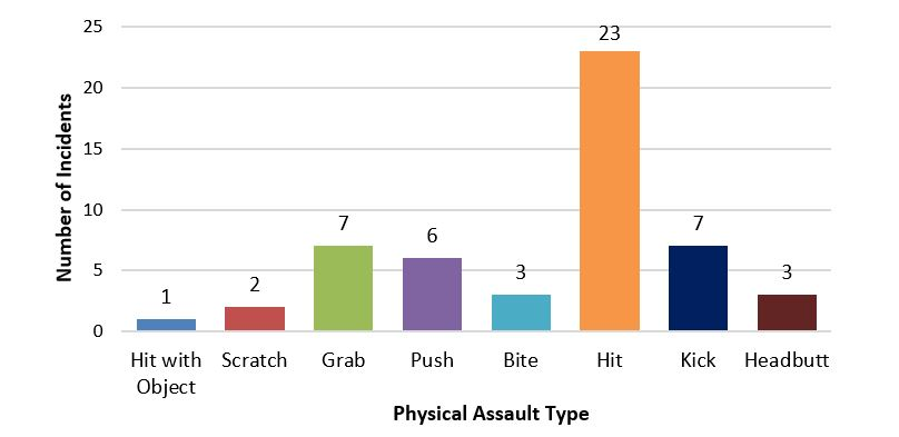 This image shows the breakdown of reported inmate-on-staff physical assaults at TSDC in 2017. The largest number of physical assaults were attributable to hitting incidents (23); the next largest groups were kicking (7), grabbing (7), and pushing (6) incidents. The remaining categories included bite (3), headbutt (3), scratch (2) and hit with an object (1 – which pertained to an inmate who hit a correctional employee with a phone receiver through the cell door meal hatch). Although IROC categorization included “assault with a weapon” as a physical assault incident type, there were no incidents of this nature in the 252 reviewed incidents reported at TSDC in 2017. Note: IROC categorization included "assault with a weapon" as a physical assault incident subtype, but there were no incidents of this nature in the 252 reviewed incidents reported at TSDC in 2017. The "hit with object" incident pertains to an inmate who hit a correctional employee with a phone receiver through the cell door meal hatch in a Segregation Unit cell.