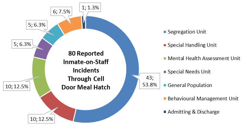 This figure shows the unit types where each of the 80 reported incidents that occurred through the cell door meal hatch took place in at TSDC in 2017. The majority (43 incidents; 53.8%) took place in a segregation unit. Large proportions took place in a Special Handling Unit (10; 12.5%) or Mental Health Assessment Unit (10; 12.5%).