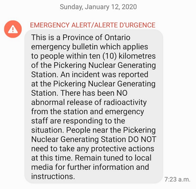 screenshot of nuclear emergency alert sent January 12 2020