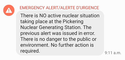 screenshot of second nuclear alert message sent Jan. 12 2020