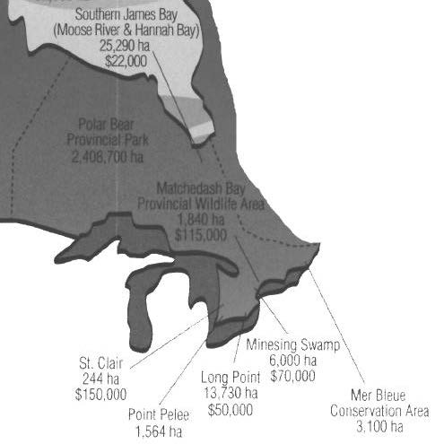 black and white map of 8 Ramsar site locations in Ontario.