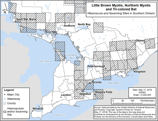  Locations of known hibernacula and swarming sites for Little Brown Myotis, Northern Myotis and Tri-colored Bat in southern Ontario