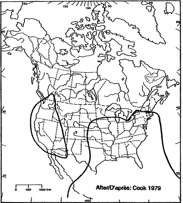 A map of North America showing the two general areas where Toothcup is found: in the Western United States including the southern tip of British Columbia and the eastern United States including the southern tip of Ontario.