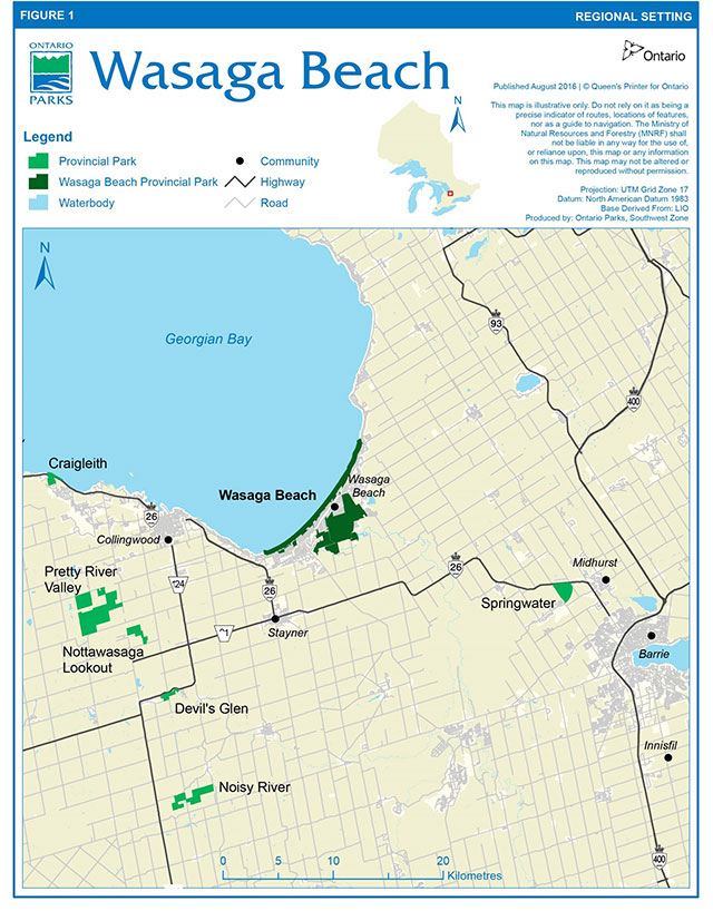 Map showing location of Wasaga Beach Provincial Park on Georgian Bay between Barrie and Collingwood, Ontario.