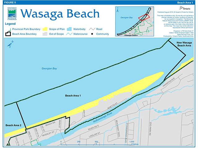 Map showing Beach Area 1 and the scope of the Beach Management Secondary Plan.