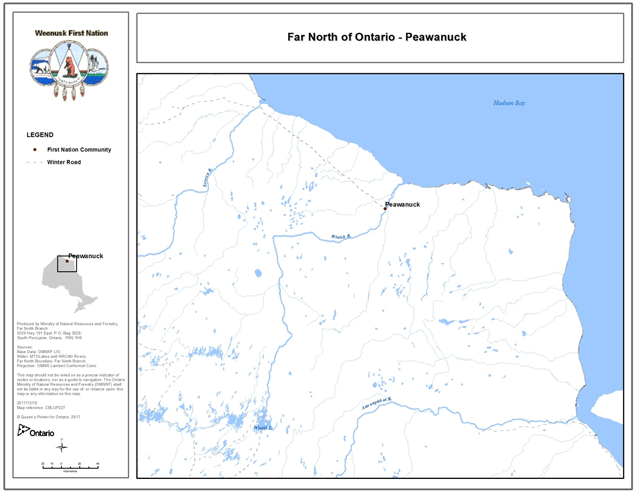 This map shows the location of Peawanuck south of Hudson Bay along the Winisk River. The map also shows the location of the ice road which runs northwest from Peawanuck to Fort Severn.