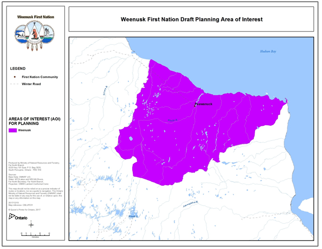 This map shows the Weenusk First Nation area of interest for planning as a purple polygon which covers approximately 5,300,000 ha south of Hudson Bay.