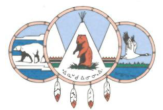 The logo is in colour and is stylised. It features three overlapping circles which feature images of animals. The central circle is slightly larger than the other two, it also has four feathers dangling from it like a dream catcher. The centre circle frames an image with three teepees. The central teepee has a groundhog on it. The circle to the left frames a polar bear. The circle to the right frames a wild goose.