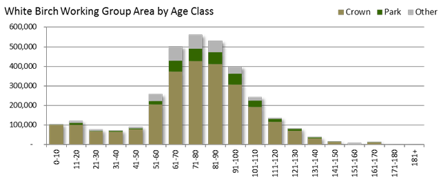 vertical bar graph of the White Birch working group area by age class including brown for Crown, green for park and grey for other.
