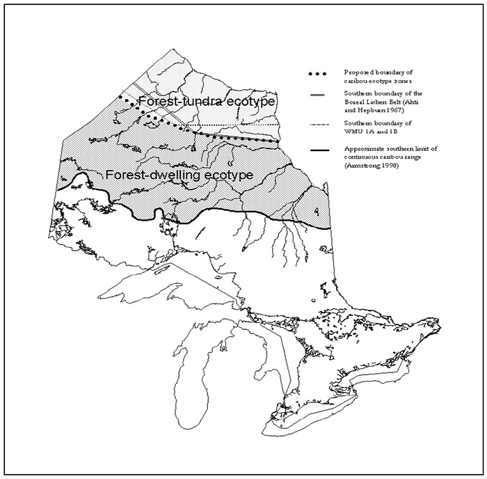 Map of Ontario showing the regions of each ecotype of Woodland Caribou including the forest-tundra ecotype and forest-dwelling ecotype.