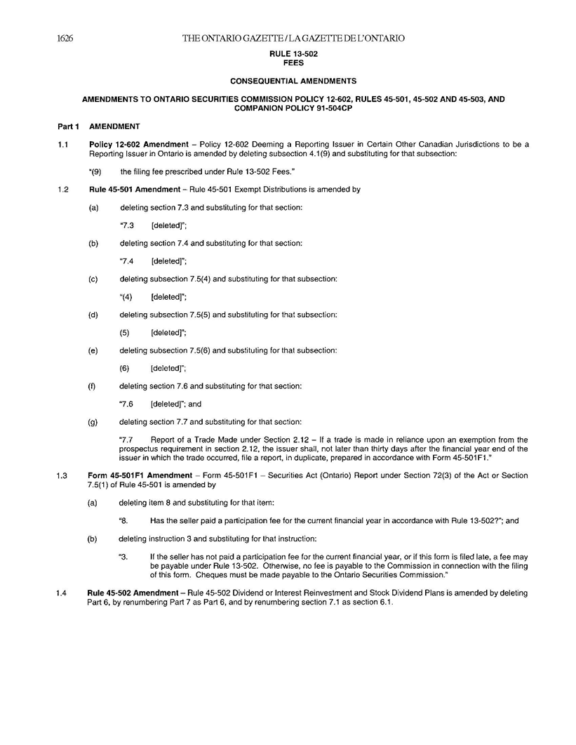 Image of Rule 13-502, Fees, Consequential Amendments, Part 1 Amendment